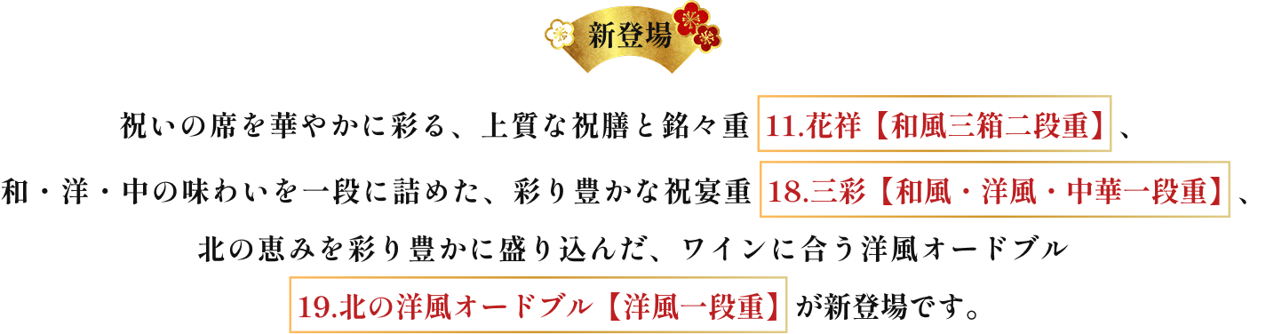 祝いの席を華やかに彩る、上質な祝膳と銘々重11.花祥【三箱二段重ね】、和・洋・中の味わいを一段に詰めた、彩り豊かな祝宴重18.三彩【和洋中一段重】、北の恵みを彩り豊かに盛り込んだ、ワインに合う洋風オードブル19.北の洋風オードブル【洋風一段重】が新登場です。